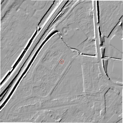 Shaded relief map of the ground around DE142SB, computed from Environment Agency LiDAR. The ground here sits at about 45 m above sea level and falls 9 m across the surrounding 800 m. Surface water reaching this point runs off ground lying to the south-south-west, 1.6 m higher.