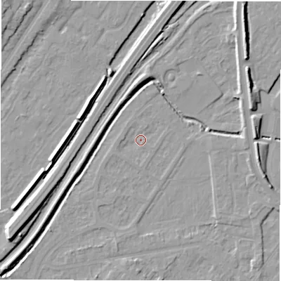 Shaded relief map of the ground around DE142SD, computed from Environment Agency LiDAR. The ground here sits at about 45 m above sea level and falls 10 m across the surrounding 800 m. Surface water reaching this point runs off ground lying to the south-south-west, 1.8 m higher.