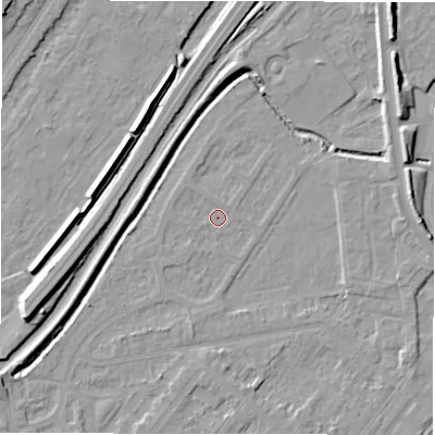 Shaded relief map of the ground around DE142SE, computed from Environment Agency LiDAR. The ground here sits at about 45 m above sea level and falls 10 m across the surrounding 800 m. Surface water reaching this point runs off ground lying to the south-south-west, 1.5 m higher.