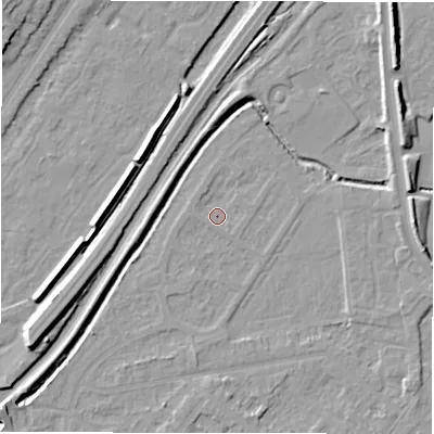 Shaded relief map of the ground around DE142SF, computed from Environment Agency LiDAR. The ground here sits at about 45 m above sea level and falls 10 m across the surrounding 800 m. Surface water reaching this point runs off ground lying to the south, 1.8 m higher.