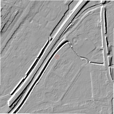 Shaded relief map of the ground around DE142SG, computed from Environment Agency LiDAR. The ground here sits at about 46 m above sea level and falls 11 m across the surrounding 800 m. Surface water reaching this point runs off ground lying to the north-east, 5.6 m higher.