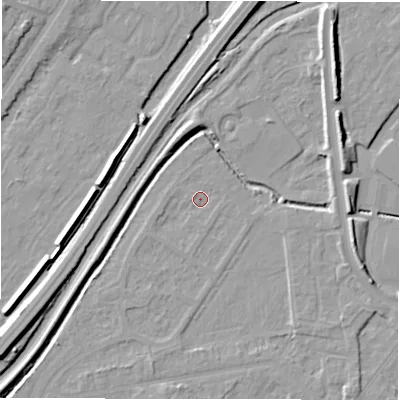 Shaded relief map of the ground around DE142SH, computed from Environment Agency LiDAR. The ground here sits at about 45 m above sea level and falls 10 m across the surrounding 800 m. Surface water reaching this point runs off ground lying to the south-south-west, 1.8 m higher.