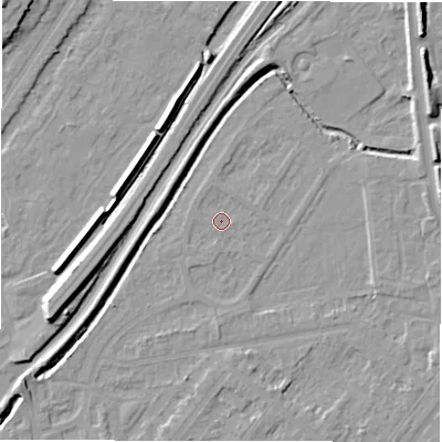Shaded relief map of the ground around DE142SJ, computed from Environment Agency LiDAR. The ground here sits at about 46 m above sea level and falls 10 m across the surrounding 800 m. Surface water reaching this point runs off ground lying to the south, 1.5 m higher.