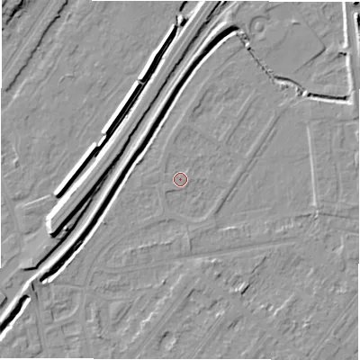 Shaded relief map of the ground around DE142SL, computed from Environment Agency LiDAR. The ground here sits at about 46 m above sea level and falls 10 m across the surrounding 800 m. Surface water reaching this point runs off ground lying to the west-south-west, 0.6 m higher.