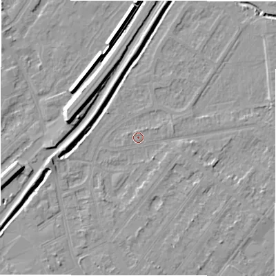 Shaded relief map of the ground around DE142SN, computed from Environment Agency LiDAR. The ground here sits at about 46 m above sea level and falls 9 m across the surrounding 800 m. Surface water reaching this point runs off ground lying to the north-north-west, 0.9 m higher.