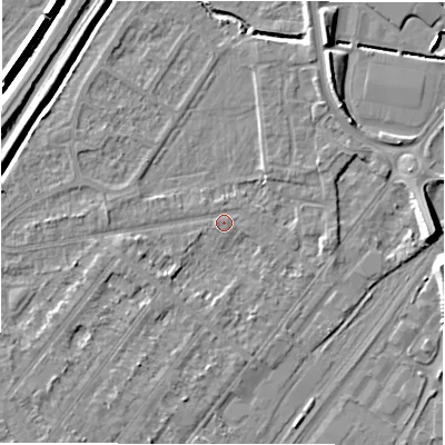 Shaded relief map of the ground around DE142SP, computed from Environment Agency LiDAR. The ground here sits at about 46 m above sea level and falls 8 m across the surrounding 800 m. Surface water reaching this point runs off ground lying to the south-west, 2.9 m higher.