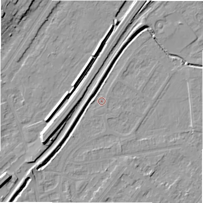 Shaded relief map of the ground around DE142SQ, computed from Environment Agency LiDAR. The ground here sits at about 46 m above sea level and falls 12 m across the surrounding 800 m. Surface water reaching this point runs off ground lying to the west, 1.3 m higher.