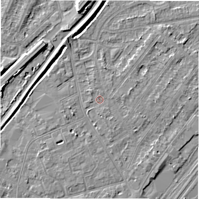 Shaded relief map of the ground around DE142ST, computed from Environment Agency LiDAR. The ground here sits at about 47 m above sea level and falls 9 m across the surrounding 800 m. Surface water reaching this point runs off ground lying to the east, 1.0 m higher.