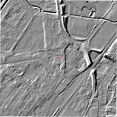 Shaded relief map of the ground around DE142SU, computed from Environment Agency LiDAR. The ground here sits at about 46 m above sea level and falls 9 m across the surrounding 800 m. Surface water reaching this point runs off ground lying to the north-east, 0.9 m higher.