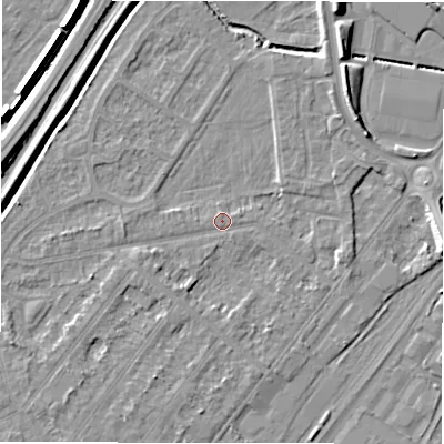 Shaded relief map of the ground around DE142SW, computed from Environment Agency LiDAR. The ground here sits at about 46 m above sea level and falls 8 m across the surrounding 800 m. Surface water reaching this point runs off ground lying to the south-west, 2.9 m higher.