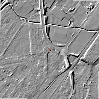 Shaded relief map of the ground around DE142SX, computed from Environment Agency LiDAR. The ground here sits at about 46 m above sea level and falls 9 m across the surrounding 800 m. Surface water reaching this point runs off ground lying to the north-north-west, 3.5 m higher.