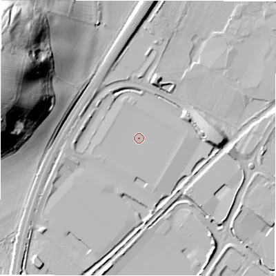 Shaded relief map of the ground around DE142SY, computed from Environment Agency LiDAR. The ground here sits at about 47 m above sea level and falls 44 m across the surrounding 800 m. The ground contributing surface water to this point lies to the east.
