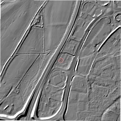 Shaded relief map of the ground around DE142TB, computed from Environment Agency LiDAR. The ground here sits at about 47 m above sea level and falls 10 m across the surrounding 800 m. Surface water reaching this point runs off ground lying to the west-north-west, 1.6 m higher.