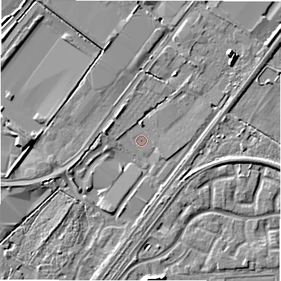 Shaded relief map of the ground around DE142TG, computed from Environment Agency LiDAR. The ground here sits at about 46 m above sea level and falls 10 m across the surrounding 800 m. Surface water reaching this point runs off ground lying to the south-south-west, 2.8 m higher.