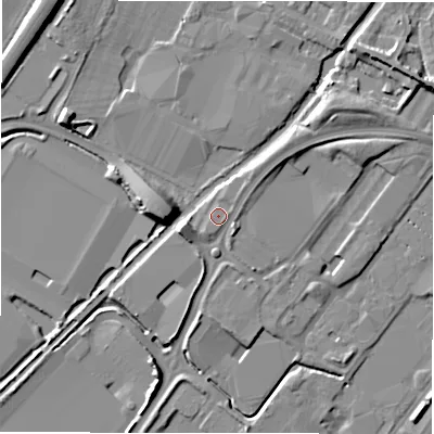 Shaded relief map of the ground around DE142UE, computed from Environment Agency LiDAR. The ground here sits at about 49 m above sea level and falls 9 m across the surrounding 800 m. Surface water reaching this point runs off ground lying to the north-east, 0.9 m higher.