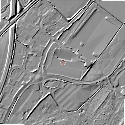 Shaded relief map of the ground around DE142WA, computed from Environment Agency LiDAR. The ground here sits at about 47 m above sea level and falls 6 m across the surrounding 800 m. Surface water reaching this point runs off ground lying to the east, 3.6 m higher.