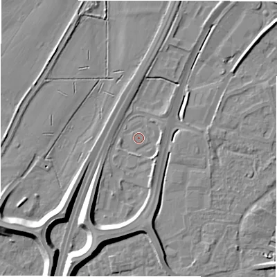 Shaded relief map of the ground around DE142WB, computed from Environment Agency LiDAR. The ground here sits at about 47 m above sea level and falls 11 m across the surrounding 800 m. Surface water reaching this point runs off ground lying to the south-east, 2.7 m higher.