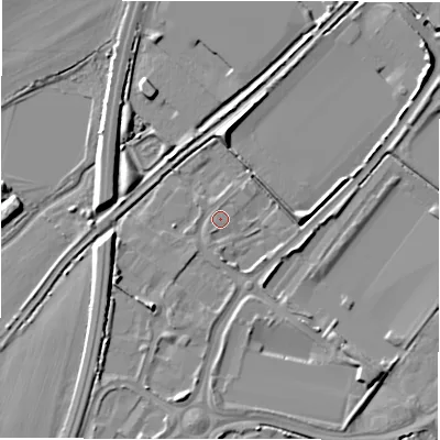 Shaded relief map of the ground around DE142WD, computed from Environment Agency LiDAR. The ground here sits at about 47 m above sea level and falls 6 m across the surrounding 800 m. Surface water reaching this point runs off ground lying to the south-south-west, 0.6 m higher.