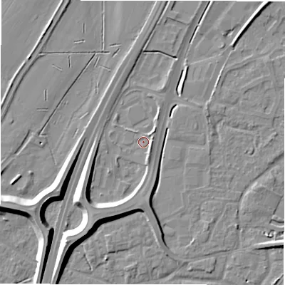 Shaded relief map of the ground around DE142WE, computed from Environment Agency LiDAR. The ground here sits at about 47 m above sea level and falls 11 m across the surrounding 800 m. Surface water reaching this point runs off ground lying to the south-east, 2.5 m higher.