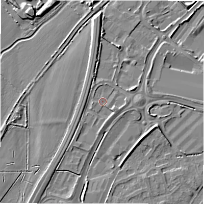 Shaded relief map of the ground around DE142WF, computed from Environment Agency LiDAR. The ground here sits at about 48 m above sea level and falls 6 m across the surrounding 800 m. Surface water reaching this point runs off ground lying to the north-north-west, 2.3 m higher.