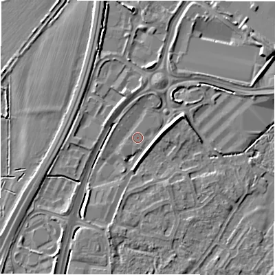 Shaded relief map of the ground around DE142WG, computed from Environment Agency LiDAR. The ground here sits at about 47 m above sea level and falls 5 m across the surrounding 800 m. The ground contributing surface water to this point lies to the south-west.