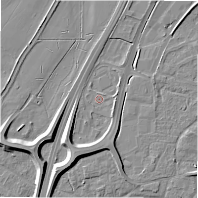 Shaded relief map of the ground around DE142WH, computed from Environment Agency LiDAR. The ground here sits at about 47 m above sea level and falls 11 m across the surrounding 800 m. Surface water reaching this point runs off ground lying to the south-south-west, 7.3 m higher.