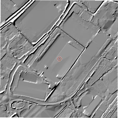 Shaded relief map of the ground around DE142WL, computed from Environment Agency LiDAR. The ground here sits at about 45 m above sea level and falls 10 m across the surrounding 800 m. Surface water reaching this point runs off ground lying to the south-west, 3.3 m higher.