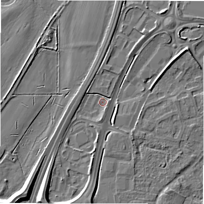 Shaded relief map of the ground around DE142WN, computed from Environment Agency LiDAR. The ground here sits at about 47 m above sea level and falls 10 m across the surrounding 800 m. Surface water reaching this point runs off ground lying to the south-south-west, 8.1 m higher.