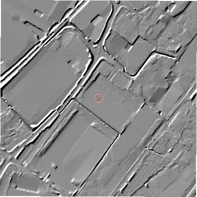 Shaded relief map of the ground around DE142WP, computed from Environment Agency LiDAR. The ground here sits at about 46 m above sea level and falls 10 m across the surrounding 800 m. Surface water reaching this point runs off ground lying to the south-south-east, 1.6 m higher.