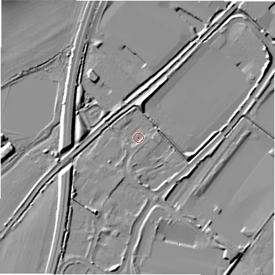 Shaded relief map of the ground around DE142WQ, computed from Environment Agency LiDAR. The ground here sits at about 46 m above sea level and falls 6 m across the surrounding 800 m. Surface water reaching this point runs off ground lying to the south-south-west, 1.4 m higher.