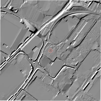 Shaded relief map of the ground around DE142WS, computed from Environment Agency LiDAR. The ground here sits at about 48 m above sea level and falls 12 m across the surrounding 800 m. Surface water reaching this point runs off ground lying to the east-north-east, 0.5 m higher.