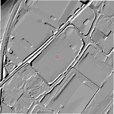 Shaded relief map of the ground around DE142WT, computed from Environment Agency LiDAR. The ground here sits at about 46 m above sea level and falls 16 m across the surrounding 800 m. Surface water reaching this point runs off ground lying to the south-west, 2.4 m higher.