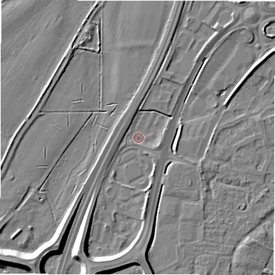 Shaded relief map of the ground around DE142WW, computed from Environment Agency LiDAR. The ground here sits at about 47 m above sea level and falls 10 m across the surrounding 800 m. Surface water reaching this point runs off ground lying to the south-south-west, 7.7 m higher.