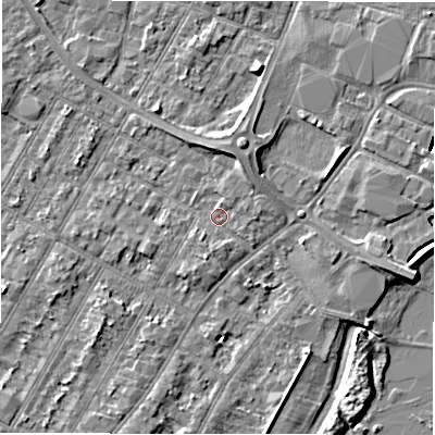 Shaded relief map of the ground around DE143AA, computed from Environment Agency LiDAR. The ground here sits at about 46 m above sea level and falls 7 m across the surrounding 800 m. Surface water reaching this point runs off ground lying to the east-north-east, 1.0 m higher.
