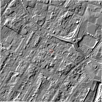 Shaded relief map of the ground around DE143AB, computed from Environment Agency LiDAR. The ground here sits at about 46 m above sea level and falls 4 m across the surrounding 800 m. Surface water reaching this point runs off ground lying to the south-east, 2.1 m higher.
