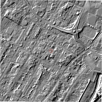 Shaded relief map of the ground around DE143AD, computed from Environment Agency LiDAR. The ground here sits at about 46 m above sea level and falls 4 m across the surrounding 800 m. Surface water reaching this point runs off ground lying to the south, 1.0 m higher.