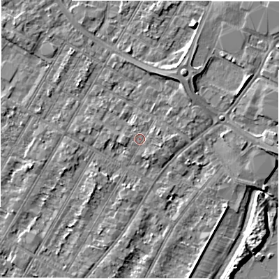 Shaded relief map of the ground around DE143AE, computed from Environment Agency LiDAR. The ground here sits at about 46 m above sea level and falls 4 m across the surrounding 800 m. Surface water reaching this point runs off ground lying to the east-south-east, 1.4 m higher.
