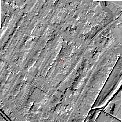 Shaded relief map of the ground around DE143AF, computed from Environment Agency LiDAR. The ground here sits at about 46 m above sea level and falls 6 m across the surrounding 800 m. Surface water reaching this point runs off ground lying to the south-south-east, 1.2 m higher.