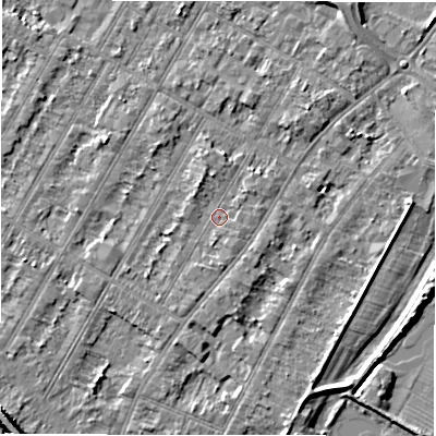 Shaded relief map of the ground around DE143AG, computed from Environment Agency LiDAR. The ground here sits at about 46 m above sea level and falls 6 m across the surrounding 800 m. Surface water reaching this point runs off ground lying to the south, 1.1 m higher.