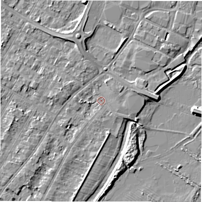 Shaded relief map of the ground around DE143AH, computed from Environment Agency LiDAR. The ground here sits at about 46 m above sea level and falls 8 m across the surrounding 800 m. Surface water reaching this point runs off ground lying to the east-north-east, 2.7 m higher.