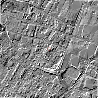 Shaded relief map of the ground around DE143AJ, computed from Environment Agency LiDAR. The ground here sits at about 46 m above sea level and falls 4 m across the surrounding 800 m. Surface water reaching this point runs off ground lying to the south-south-west, 1.2 m higher.