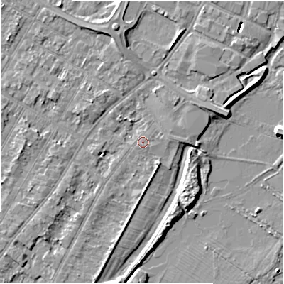 Shaded relief map of the ground around DE143AL, computed from Environment Agency LiDAR. The ground here sits at about 46 m above sea level and falls 8 m across the surrounding 800 m. Surface water reaching this point runs off ground lying to the south-south-west, 2.2 m higher.