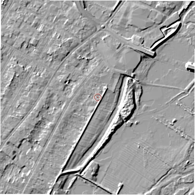 Shaded relief map of the ground around DE143AN, computed from Environment Agency LiDAR. The ground here sits at about 46 m above sea level and falls 5 m across the surrounding 800 m. Surface water reaching this point runs off ground lying to the south-south-east, 1.1 m higher.