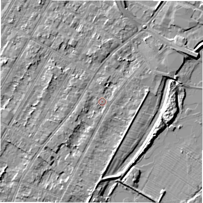 Shaded relief map of the ground around DE143AP, computed from Environment Agency LiDAR. The ground here sits at about 46 m above sea level and falls 4 m across the surrounding 800 m. Surface water reaching this point runs off ground lying to the south, 2.4 m higher.