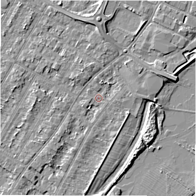 Shaded relief map of the ground around DE143AQ, computed from Environment Agency LiDAR. The ground here sits at about 46 m above sea level and falls 8 m across the surrounding 800 m. Surface water reaching this point runs off ground lying to the east-north-east, 3.1 m higher.