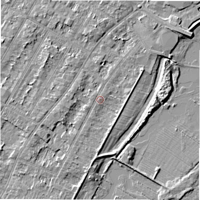 Shaded relief map of the ground around DE143AR, computed from Environment Agency LiDAR. The ground here sits at about 46 m above sea level and falls 4 m across the surrounding 800 m. Surface water reaching this point runs off ground lying to the south, 2.0 m higher.