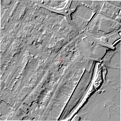 Shaded relief map of the ground around DE143AS, computed from Environment Agency LiDAR. The ground here sits at about 46 m above sea level and falls 8 m across the surrounding 800 m. Surface water reaching this point runs off ground lying to the east-north-east, 3.1 m higher.
