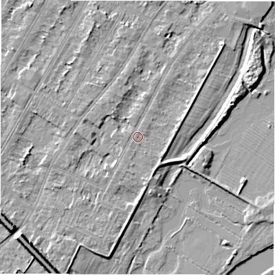 Shaded relief map of the ground around DE143AT, computed from Environment Agency LiDAR. The ground here sits at about 46 m above sea level and falls 8 m across the surrounding 800 m. Surface water reaching this point runs off ground lying to the south-east, 1.4 m higher.