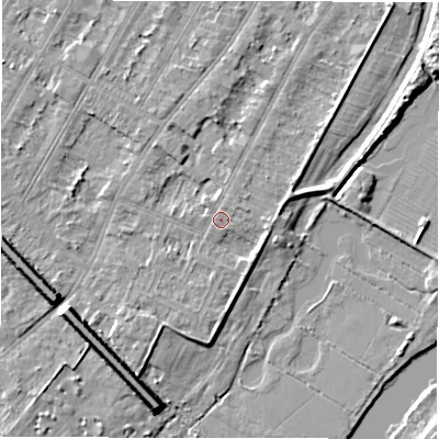 Shaded relief map of the ground around DE143AU, computed from Environment Agency LiDAR. The ground here sits at about 47 m above sea level and falls 8 m across the surrounding 800 m. Surface water reaching this point runs off ground lying to the east-south-east, 1.9 m higher.