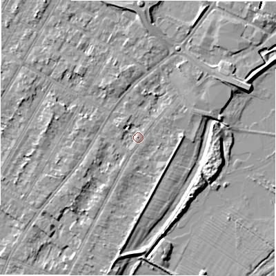 Shaded relief map of the ground around DE143AW, computed from Environment Agency LiDAR. The ground here sits at about 46 m above sea level and falls 8 m across the surrounding 800 m. Surface water reaching this point runs off ground lying to the south, 2.4 m higher.